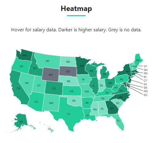 Heatmap of statistician salary by state