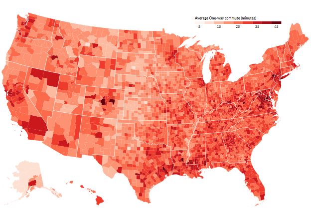 Average commutes times by U.S. county