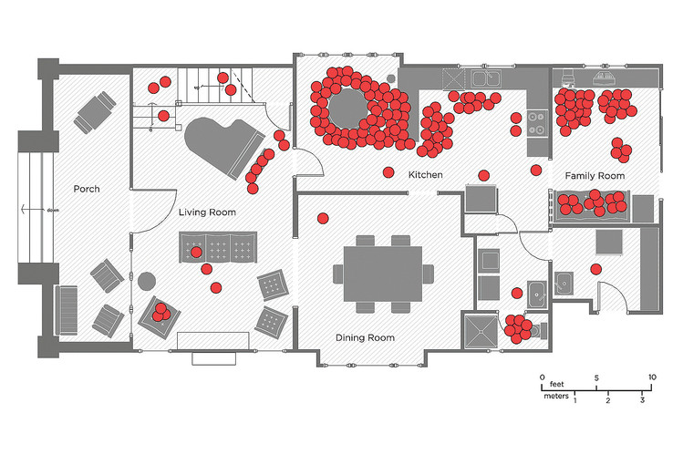 Map showing the location of each parent and child on the first floor of the house of 'Family 11' every 10 minutes over two weekday afternoons and evenings