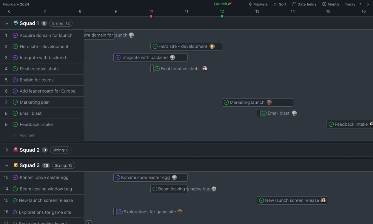 Illustration of project roadmap view with issues grouped by teams.